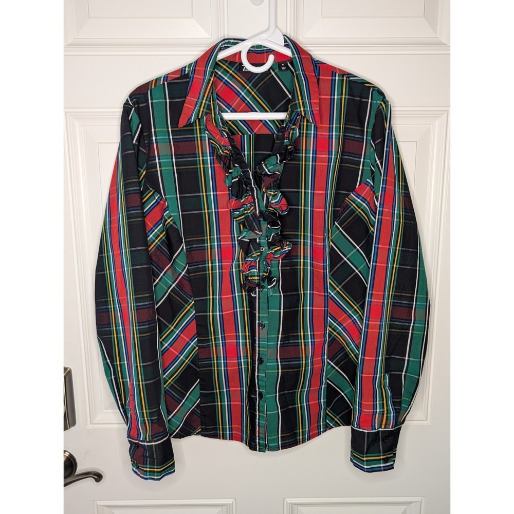 NY & Co 7th Avenue Shirt Womens XL Plaid Ruffle Retro V Neck Button Down EUC